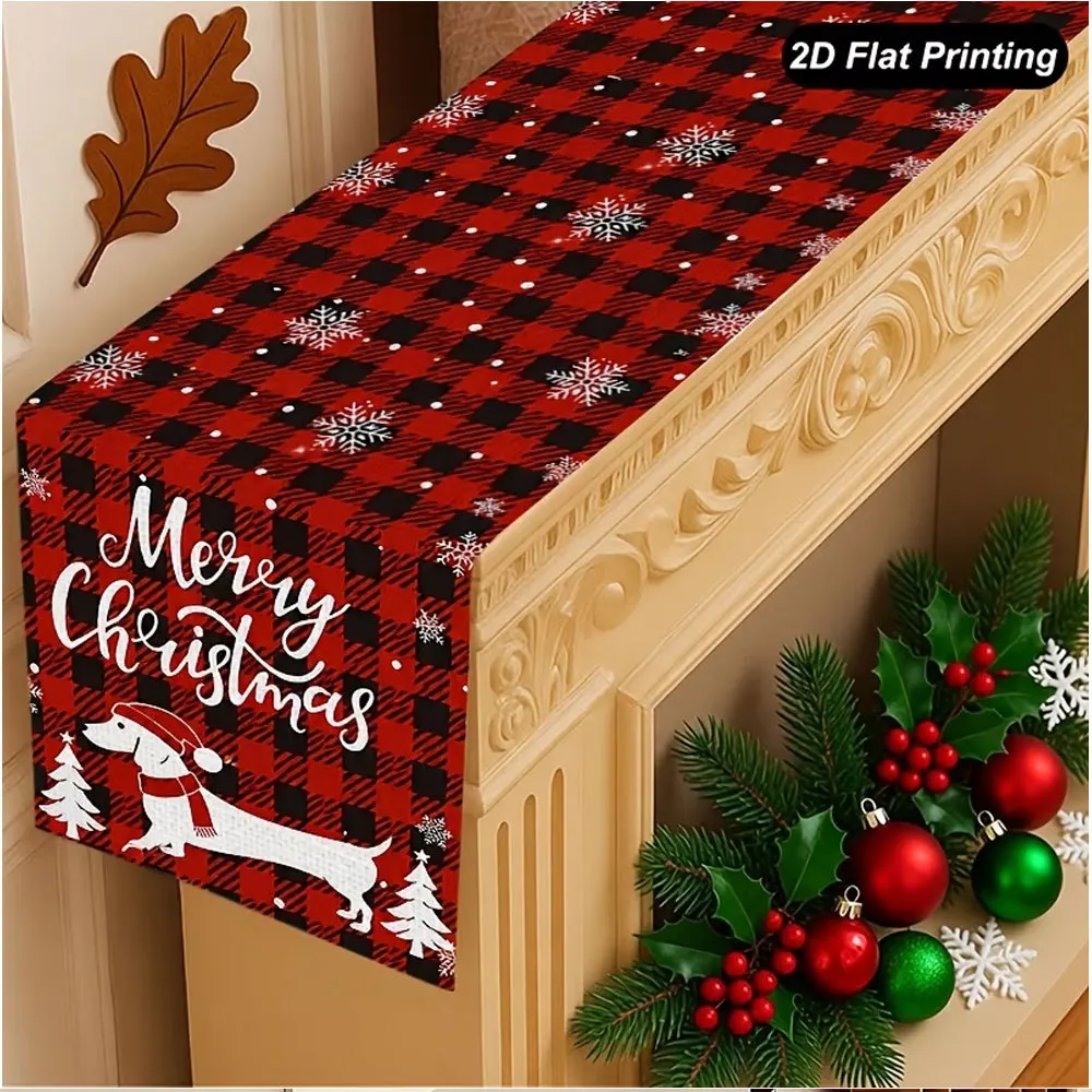 Linen Table Runner Off White Elegant Reindeer Head in Red Scarf Berry Wreath with Poinsettia Corners Christmas Buffet Table