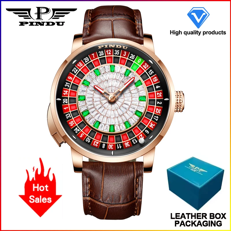 PINDU Design Nieuwe Drukknop Draai Russische Roulette Spel 46MM Mechanisch Herenhorloge NH35A Saffierglas Diamant Wijzerplaat Herenhorloge - afbeelding 1