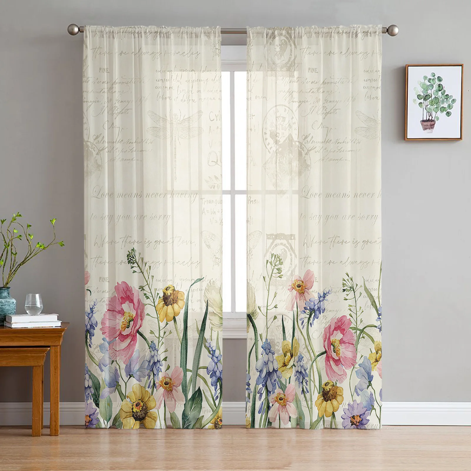 

Spring Flowers Plants Wildflowers Tulle Curtains Living Room Kitchen Decoration Chiffon Window Treatments Voile Sheer Curtain