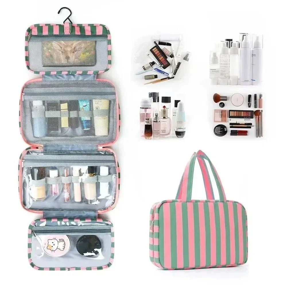 Portable Hanging Travel Toiletry Bag Striped 4-Fold Makeup Bag Large Capacity with Hook Cosmetic Bag Outdoor