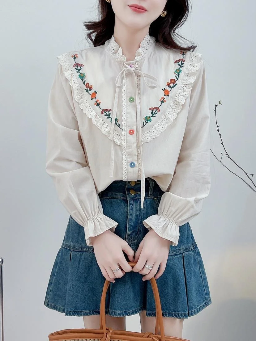 Elegant and youth woman blouses mori girls Japan fashion long sleeve stand collar lace-up embroidery shirts beige top for woman