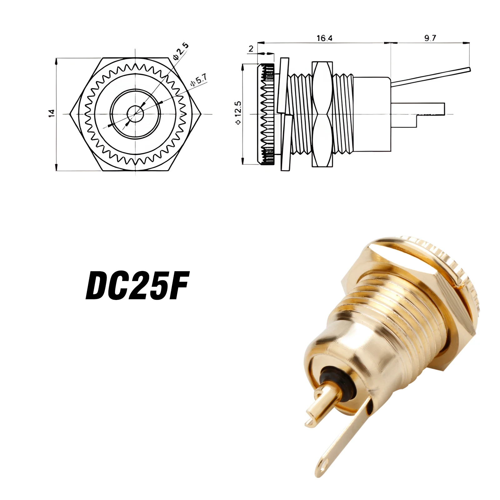 

Gold-Plated 30V 20A High Current DC Connectors - 5.5x2.1mm Female Jack Socket with Nut for Panel Mount - Models DC25F and DC21F