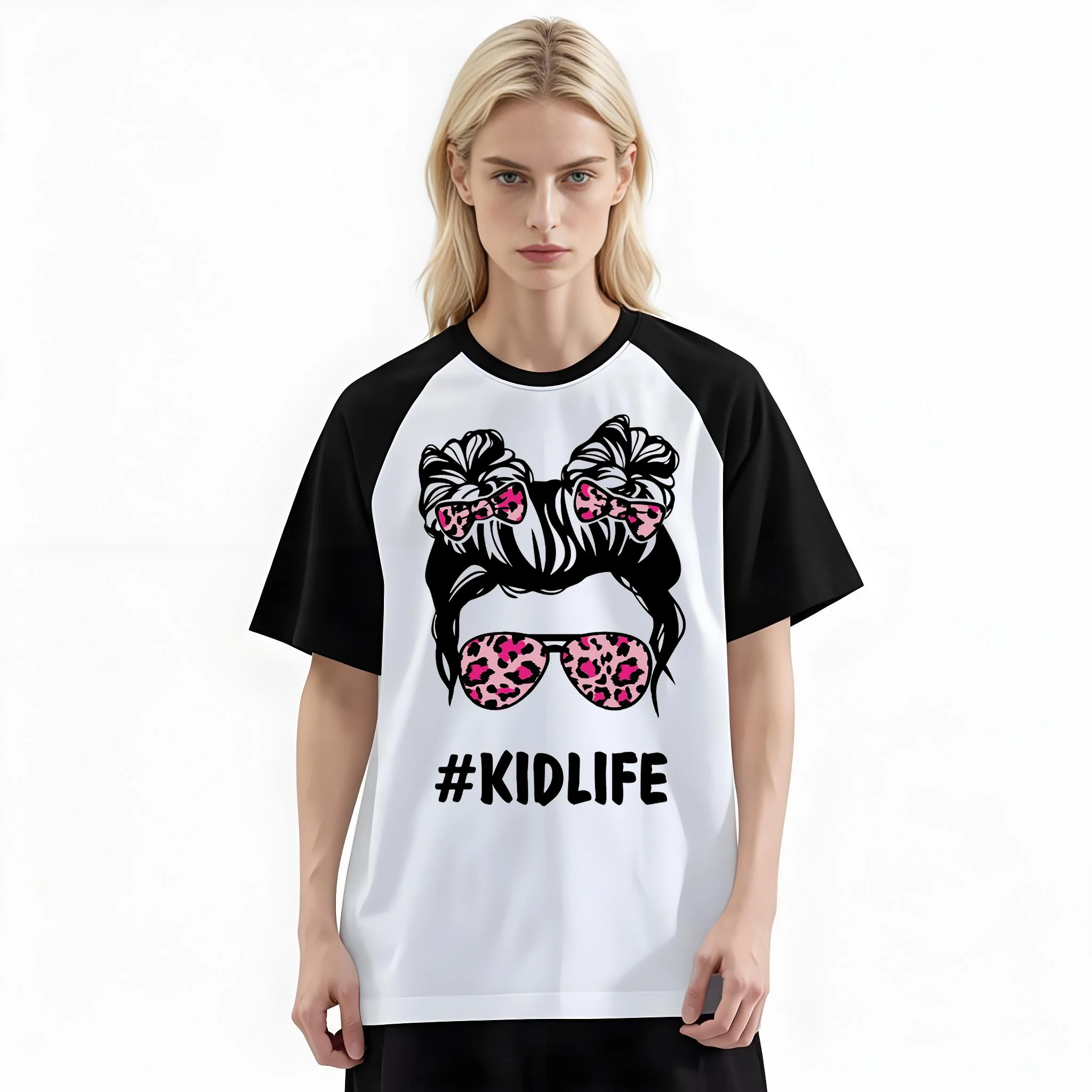 Women'S Fashion Raglan Sleeve T-Shirt, Kid Life Messy Bun Leopard Sunglasses Printed, Summer Casual Comfortable Tee, Women'S Everyday Short-Sleeve Top