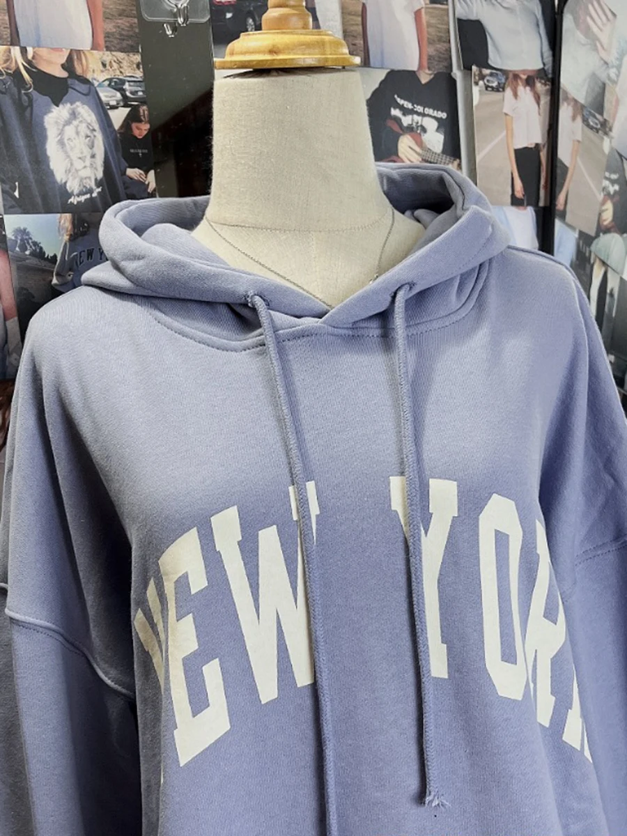 New York Purple Oversized Hoodie Woman Drawstring Hooded Pockets Long Sleeve Sweatshirt Female Casual Preppy Style Loose Hoodies