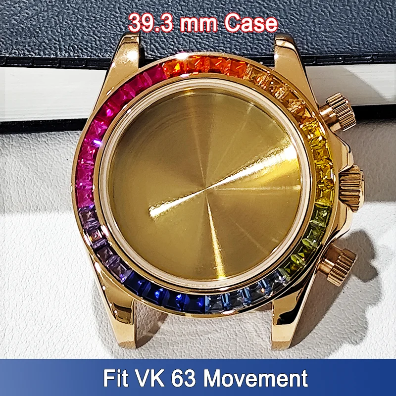 Top 39.3mm Watch Case Fit VK 63 Colorful Diamond Bezel Within 190*20mm Wristwatch Watches Band Strap Silvery Rose Golden Cases