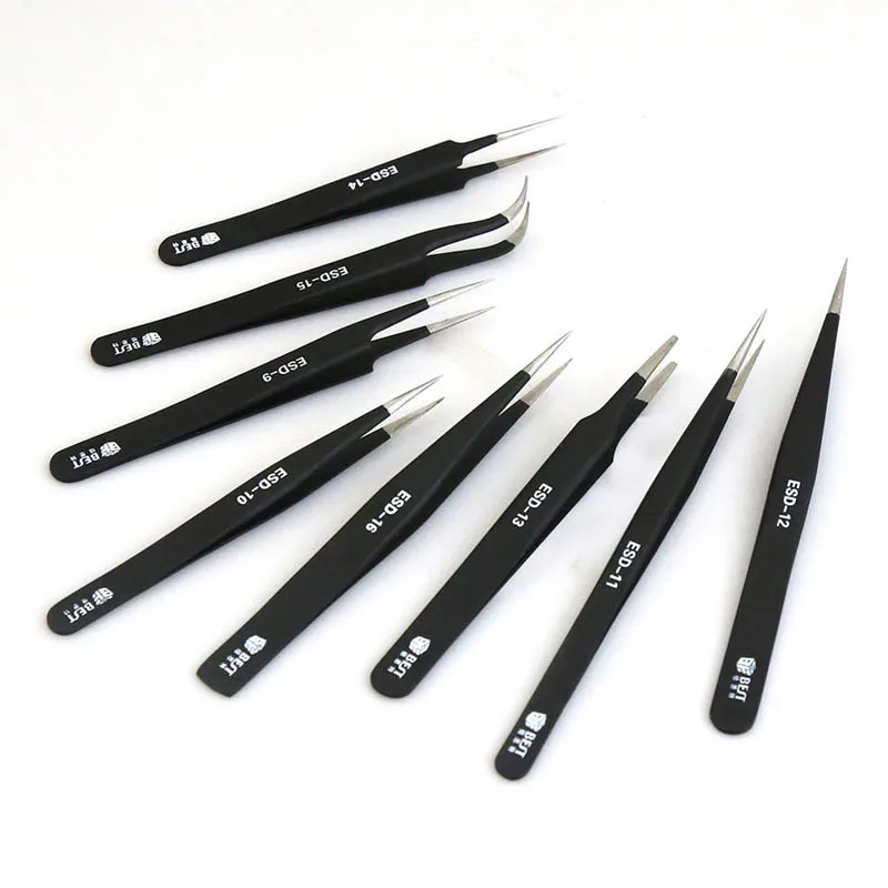 Pinset ESD9-16 terbaik profesional 302 baja tahan karat antistatis presisi tinggi alat Forceps bulu mata lurus melengkung
