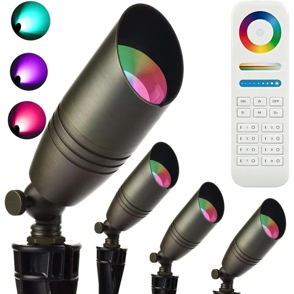 RGB Low Voltage Landscape Lighting, Brass Color Changing Landscape Lights with 4 MR16 Light Bulbs, 12V Outdoor Spot Lights