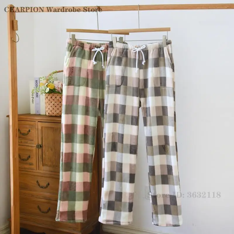 

Женские фланелевые пижамы в клетку, брюки, одежда для дома, домашние брюки, утепленная одежда для сна из кораллового флиса, осенне-зимние теплые штаны для сна