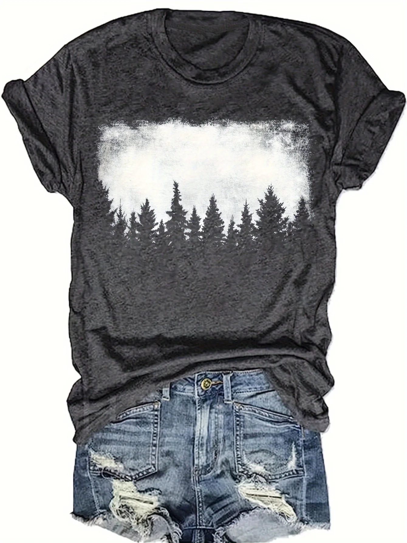 Forest Print Crew Neck T-shirt, Casual Short Sleeve Top For Spring & Summer, Women's Clothing