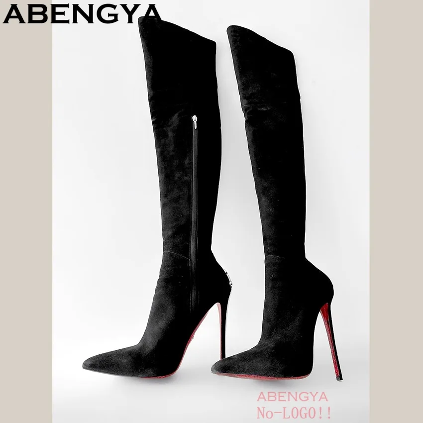 ABENGYA Sexy Black Suede Leather Knee High Boots For Women Sexy Strange Heels Party Long Boots Autumn Thin High Boots Women