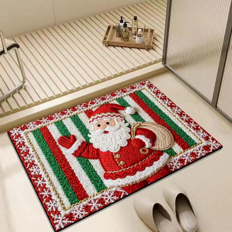 VIKAMA 3D Embroidered Style Christmas Door Mat Christmas Entrance Non slip Water absorbing Carpet Home Decoration
