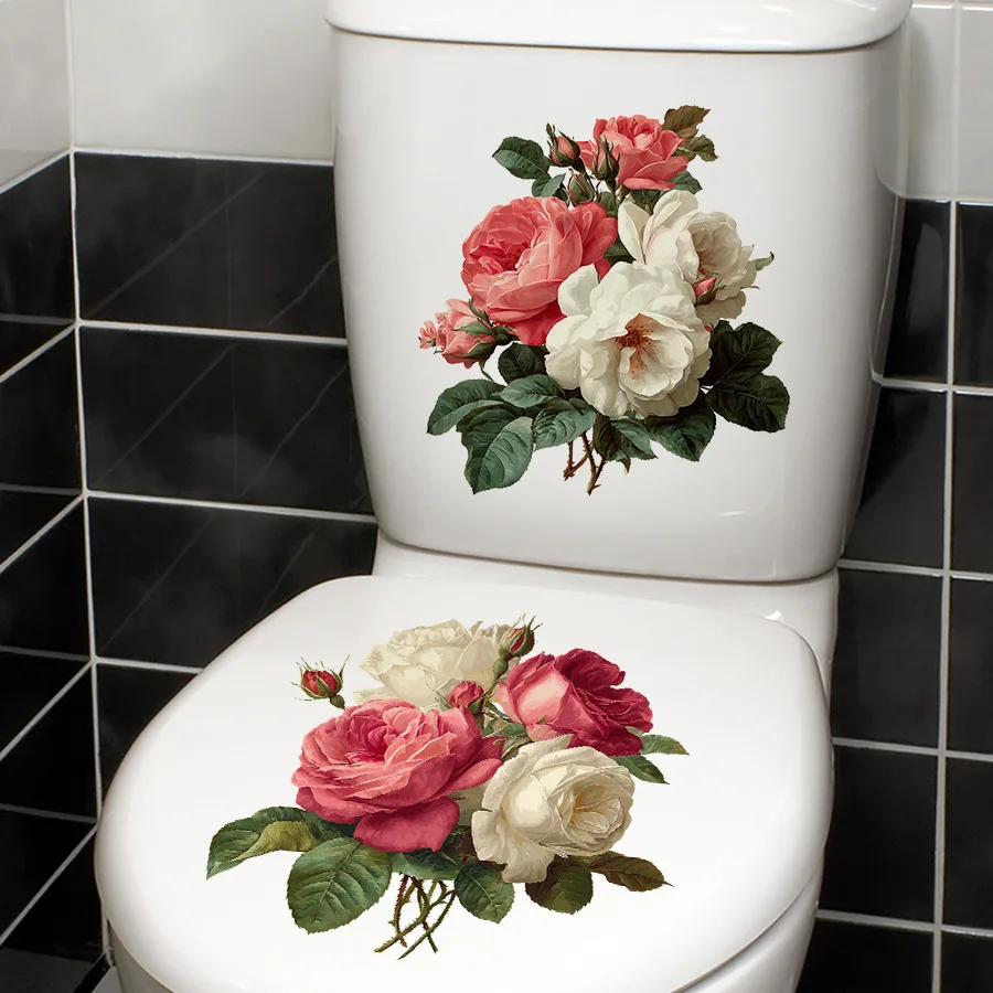 Vintage Oil Painting Rose Toilet Sticker Waterproof Self Adhesive Glue Free Romantic Bathroom Decor