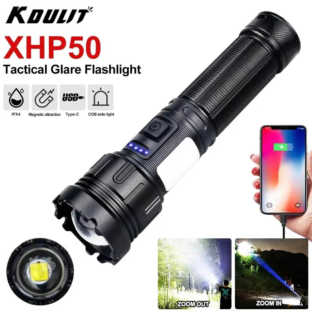 KDULIT High Power LED COB Flashlight USB Rechargeable Torch 7 Lighting Modes Zoomable Lantern Outdoor Camping Emergency Lights