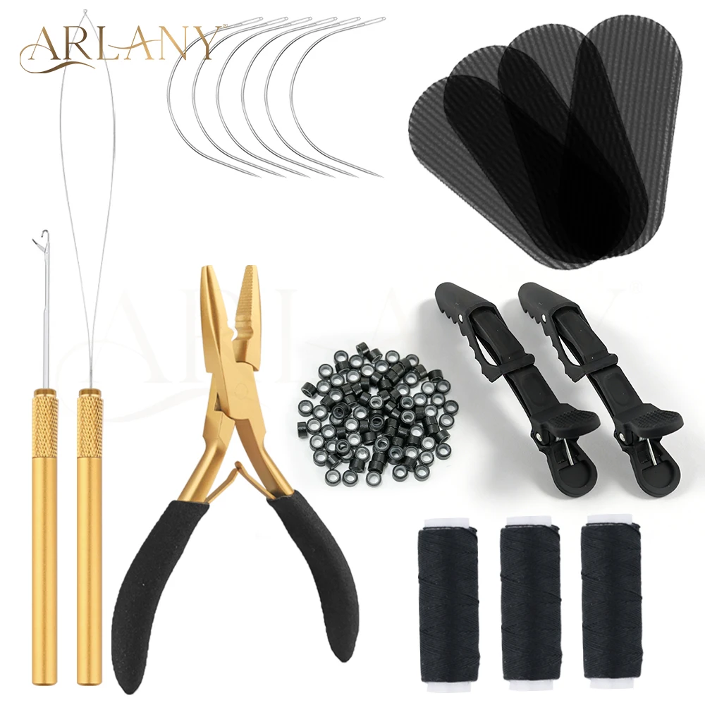 

Набор для наращивания волос ARLANY: щипцы для микролинков, инструмент для создания петель, 500 силиконовых микропучков, хлопковая нить для шитья