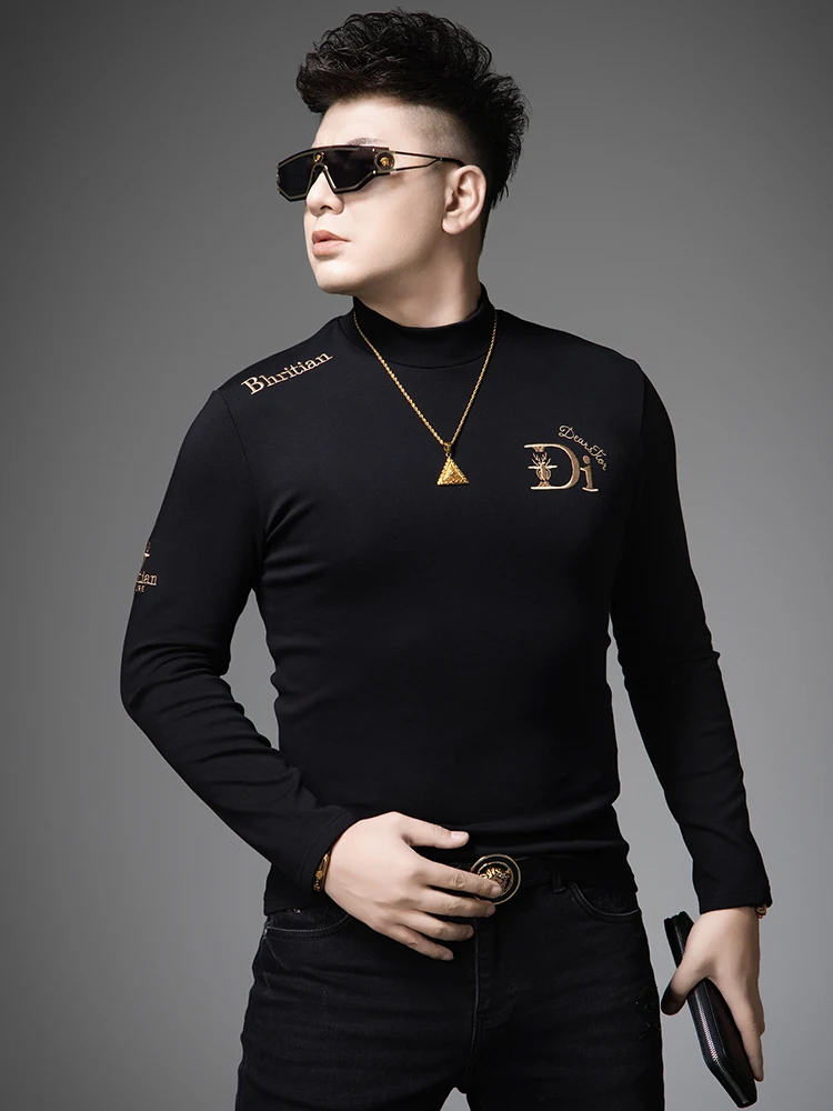 

Faionable Long Sve T-irt Men's Autumn Winter New Sle Slim Fit Warmth Inner Wear Base irt Letter Embroidery High Co...