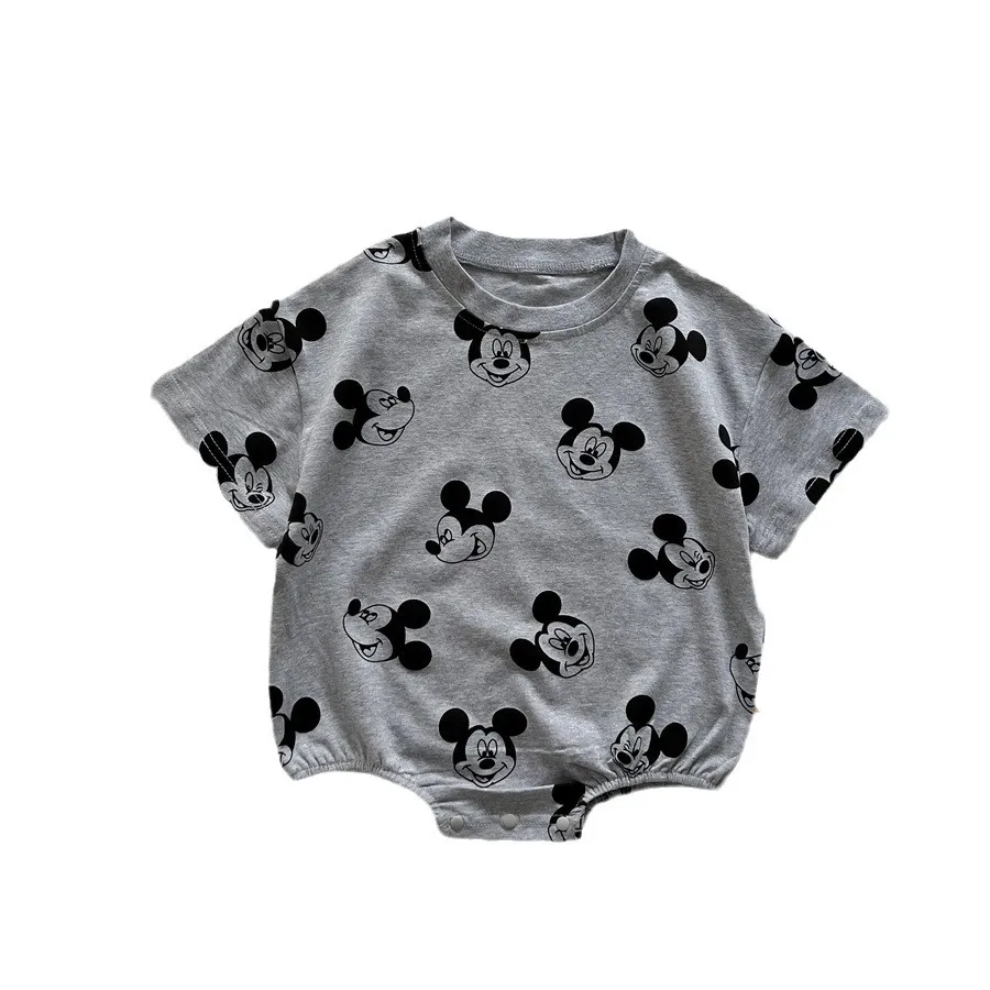 Disney Mickey 0-2 Years Old Cartoon Triangle Butt Suit Male Treasure Fashion Cotton Print Gray Summer Short Sleeve Crawl Suit