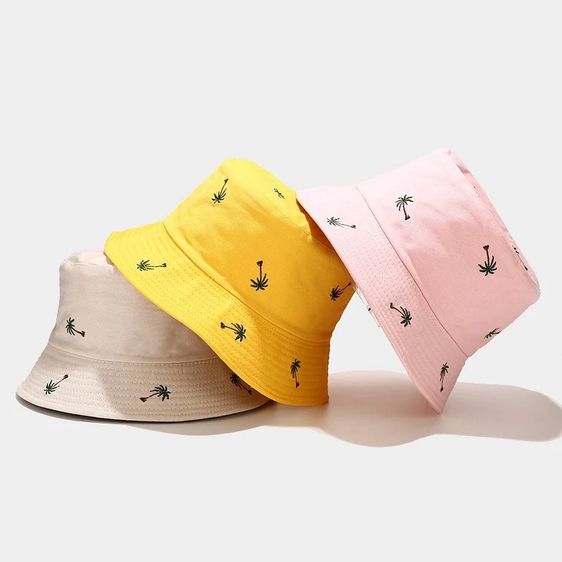 Women Men Coconut Tree Embroidered Bucket Hat UV Protection Wide Brim Sun Hat Casual Beach Fisherman Cap