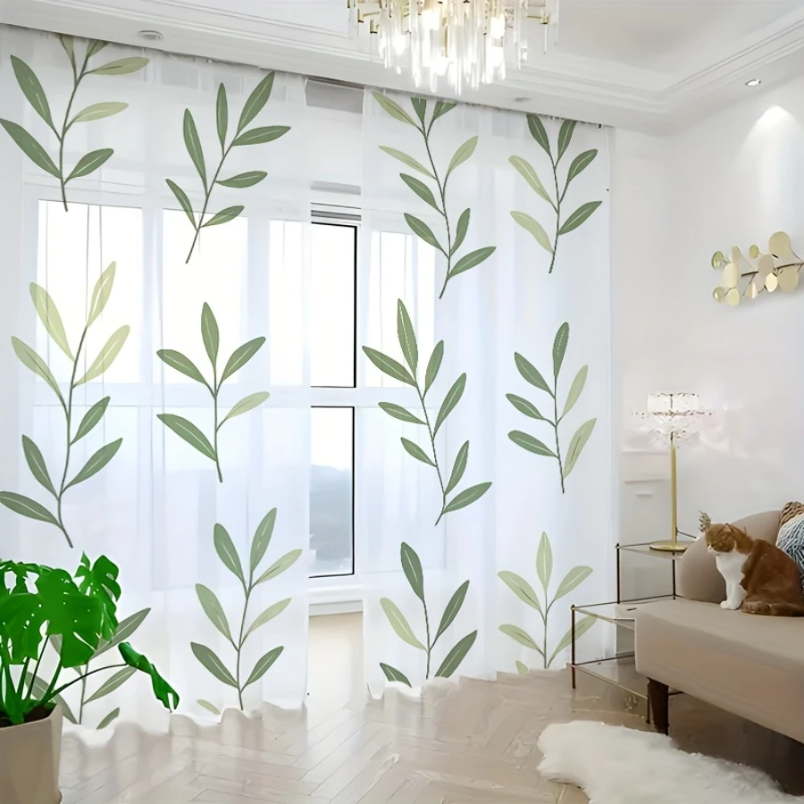 2PCS Digital Printed Sheer Curtain, Green Olive Leaves Print, Mediterranean Botanical Rustic for Living Room Bedroom Home Decor