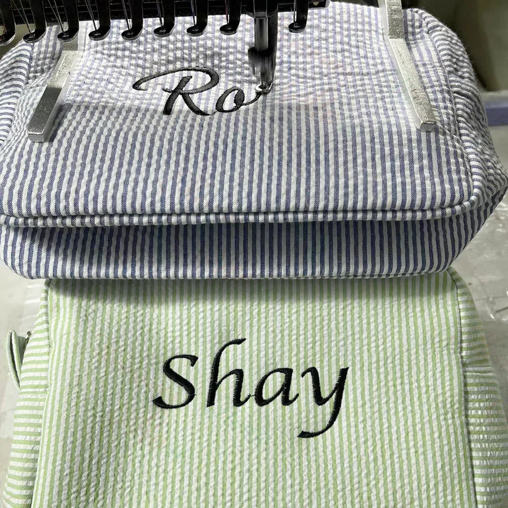 Personalized Name Seersucker Toiletry Bag Custom Monogrammed Cosmetic Bag Gift for Women Travel Makeup Bag Unique Birthday Gifts