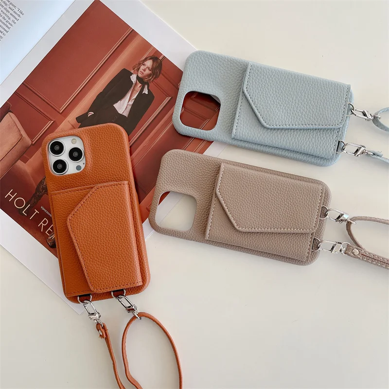 Trendy Crossbody lanyard leather wallet case for iPhone 16 17 15 16Pro 14 15pro 11 13 Pro Max 12 13pro makeup mirror phone bag
