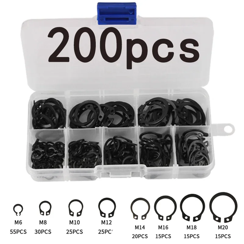 200Pcs Carbon Steel C-clip Washers Internal External Retaining Circlips Snap Retaining Ring Washers Gasket Assortment Kit M6-M20