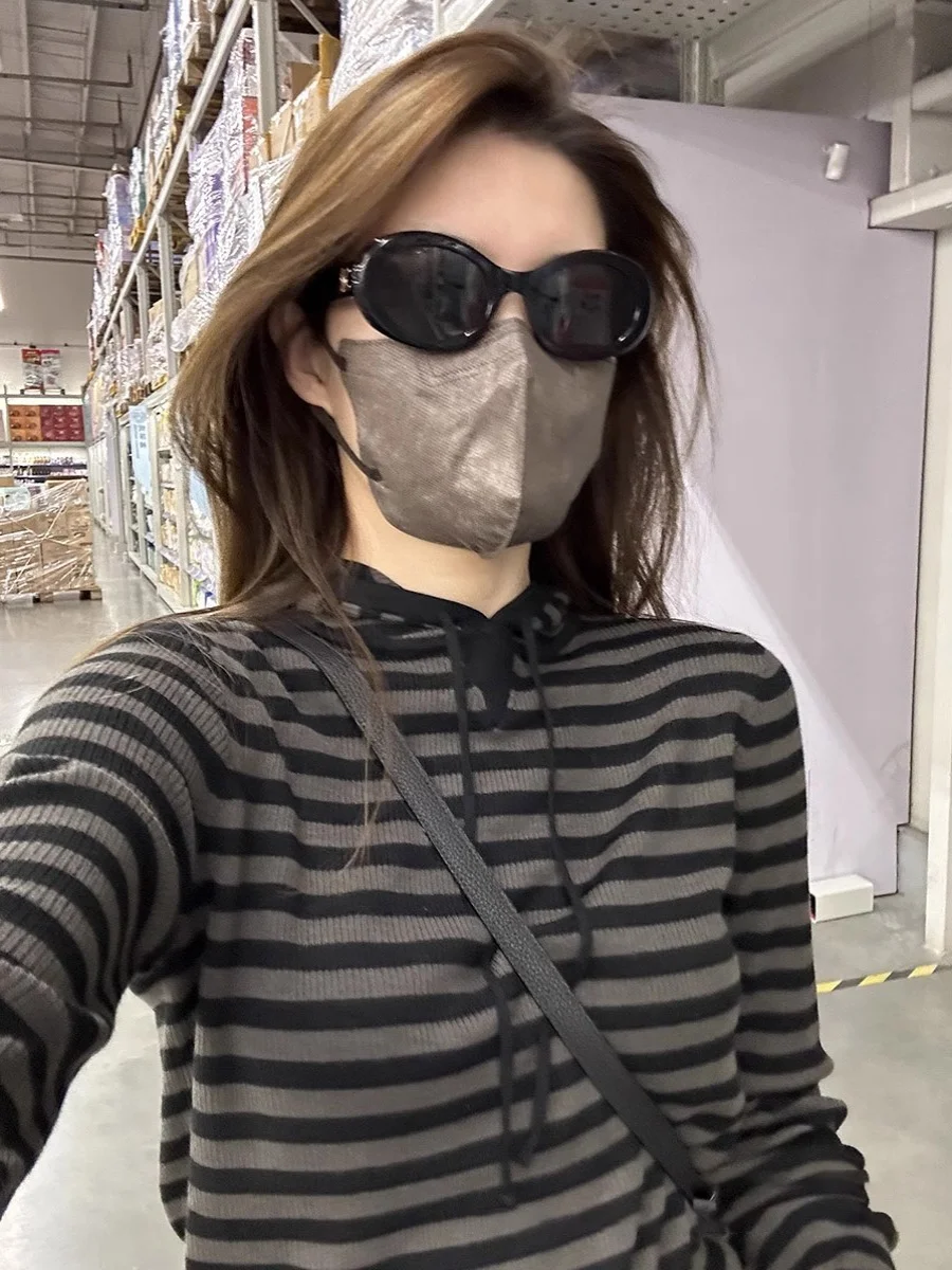 

Повседневная полосатая толстовка с капюшоном, трикотаж, женский облегающий длинный топ све, модный, универсальный, удобный, дышащий, осенняя одежда