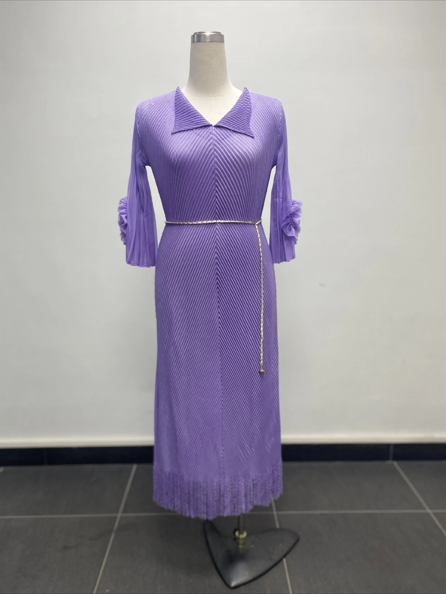 ANLAN Pleated 3D Flowers Tassel Dress Women Lapel Lace-up A Line Elegant New 2025 Loose Fashion Wedding Party Female Clothing