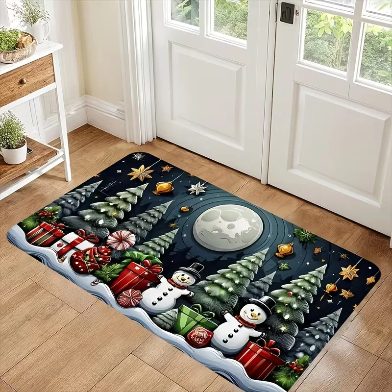 Santa Claus Christmas Doormat Xmas Tree Gift Box Print Entrance Mat Winter Holiday Front Entry Floor Rug Indoor Porch Home Decor