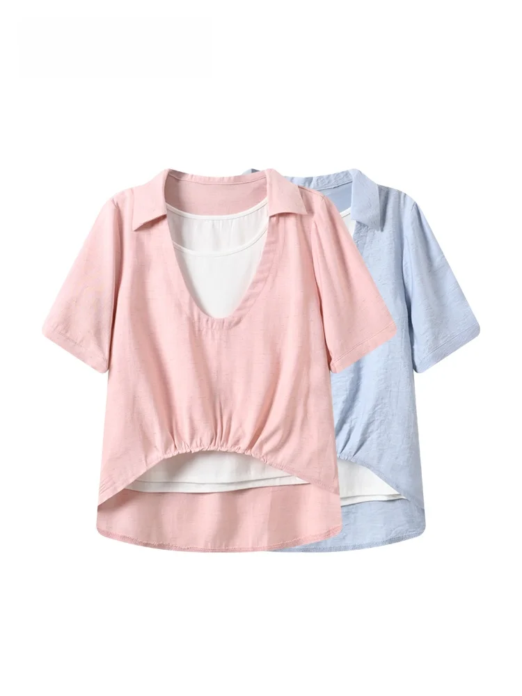 

Summer New plus Size Women's T-shirt Casual Collar Short Sleeve Fake Two-Piece Loose Fit Korean Style Large Shirt