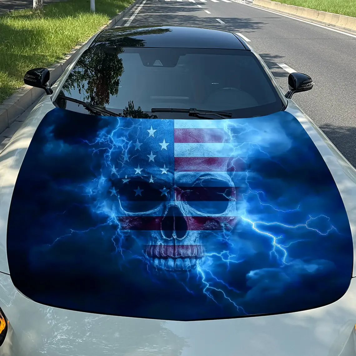 

National Flag Element Lightning Skull Car Hood Sticker, Durable Body Film Suitable For Most Car Models, Car Hood Protective Film