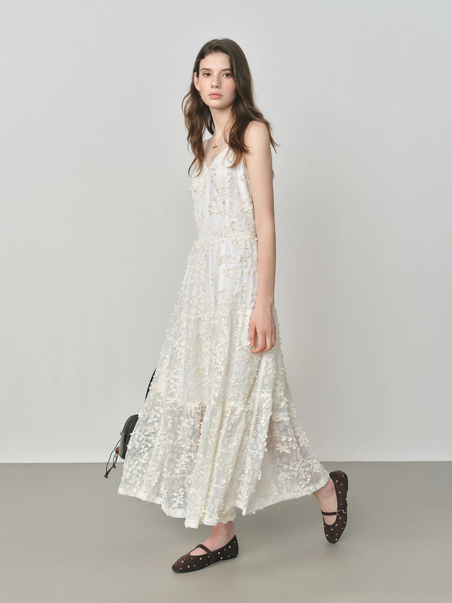 Fsle vestido de convidado de casamento estilo francês bordado floral em camadas vestido de alça 2025 outono nova chegada vestidos de festa de grama