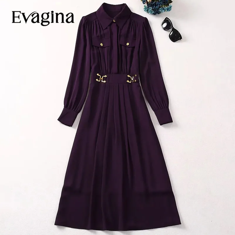 

Evagina New Fashion Runway Designer Women's Lapel Collar Long Sleeved Frenulum Purple Retro Slim Fit Dress