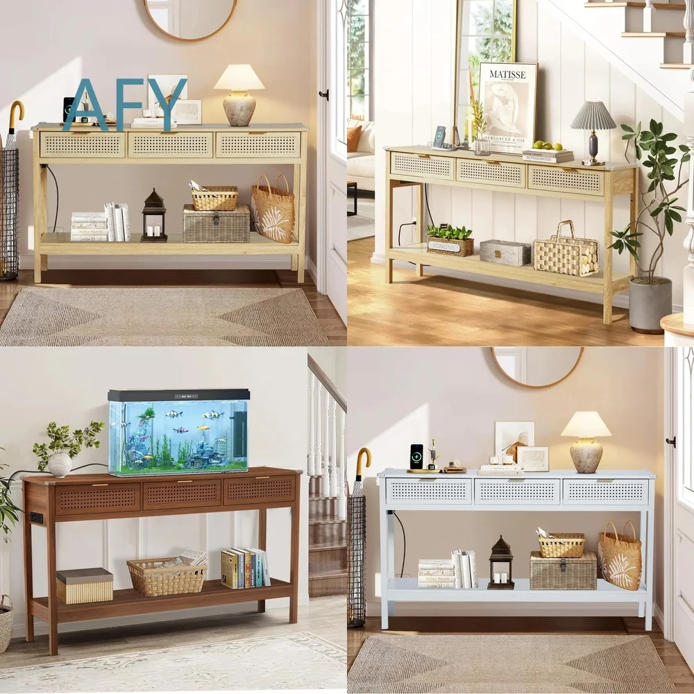 Custom Living Room Side Table for Modern Home Decor Natural Woven Rattan Porch Table with 3 Drawers Entryway Hallway