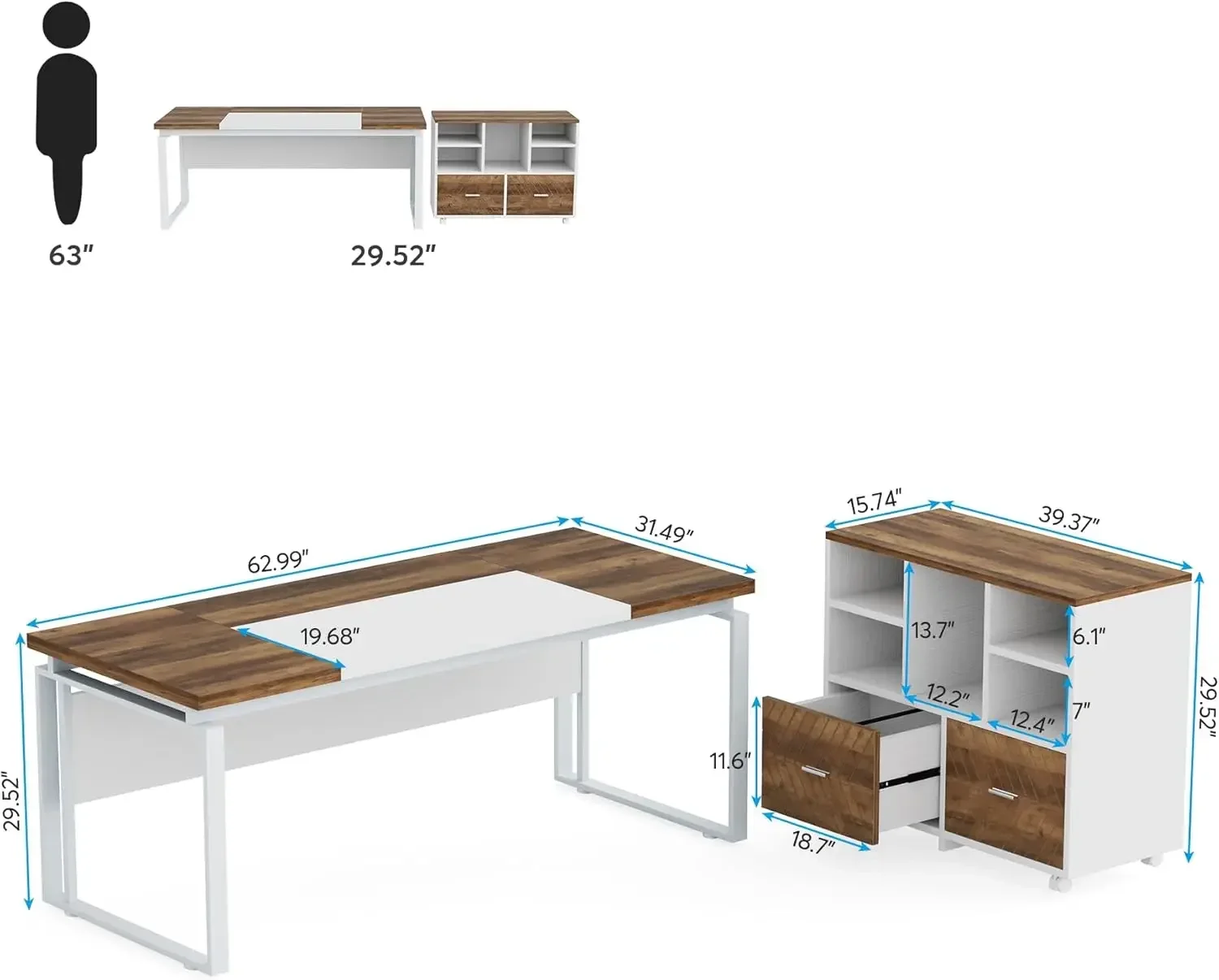 L-Shaped Executive Desk with Reversible File Cabinet, 63