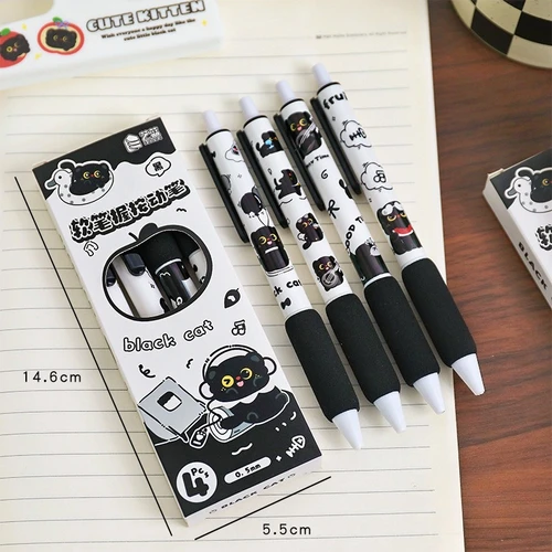 Imagen 2 del producto 4 unids/caja Kawaii bolígrafo de Gel de gato negro de dibujos animados bolígrafo de escritura de tinta negra punta de bolígrafo ST de 0,5mm papelería para estudiantes suministros escolares bonitos