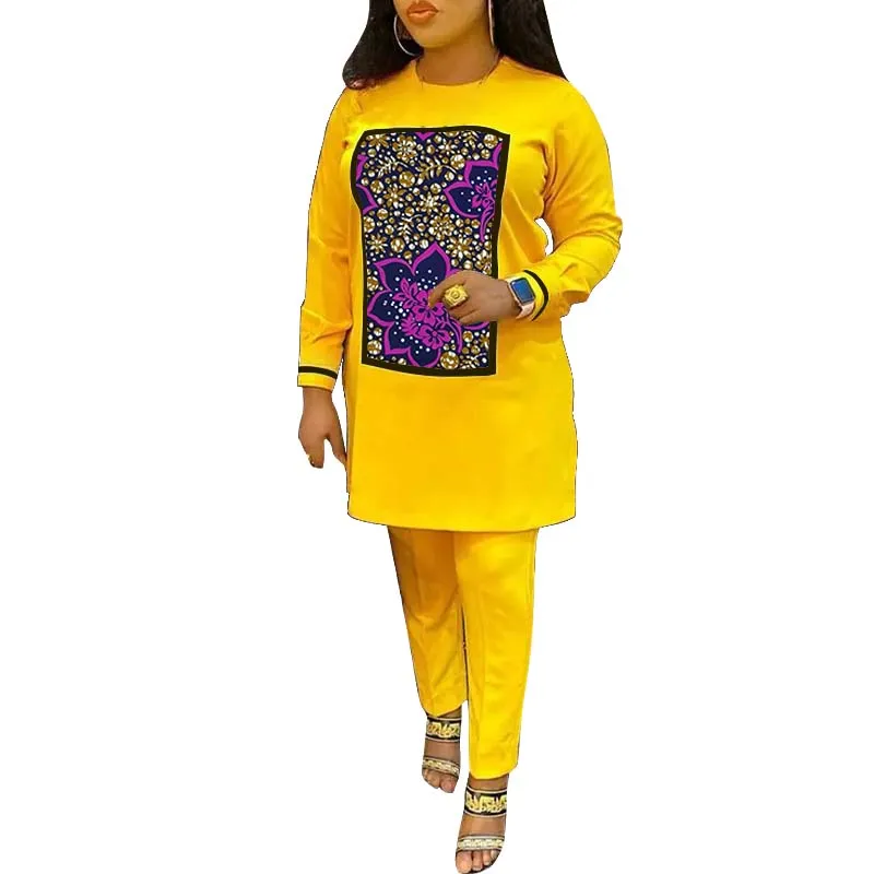 Egg Yolk Yellow Women Patchwork Shirts With Trousers Ankara Outfits Festival Blouse+Pant Female African Performance Wear