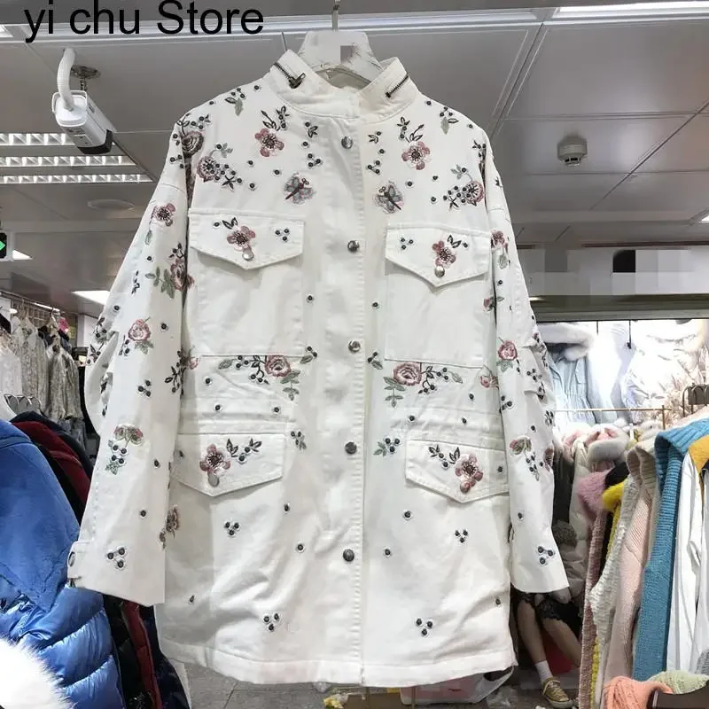 New High Quality Autumn Vintage Flower Embroidery Women's Tooling Trench Casual Fashion Casual Windbreaker Coat