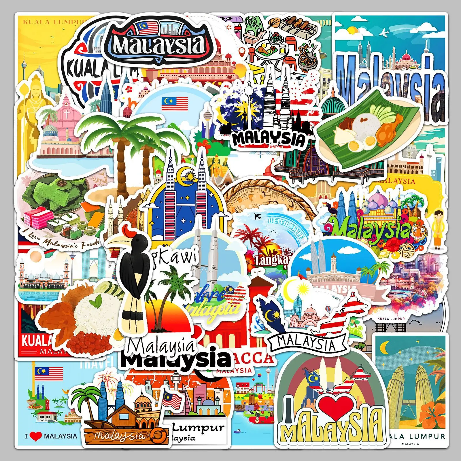 50PCS Malaysia City Series  Stickers Aesthetic Graffiti Decals Laptop Water Bottle Luggage Notebook Waterproof Stickers