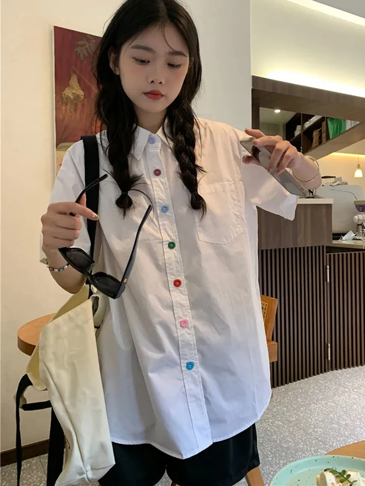 Jmprs Chic Rainbow Buttons Shirts Women Preppy Style Korean White Blouse Summer Short Sleeve Fashion Casual Lady Simple Tops New