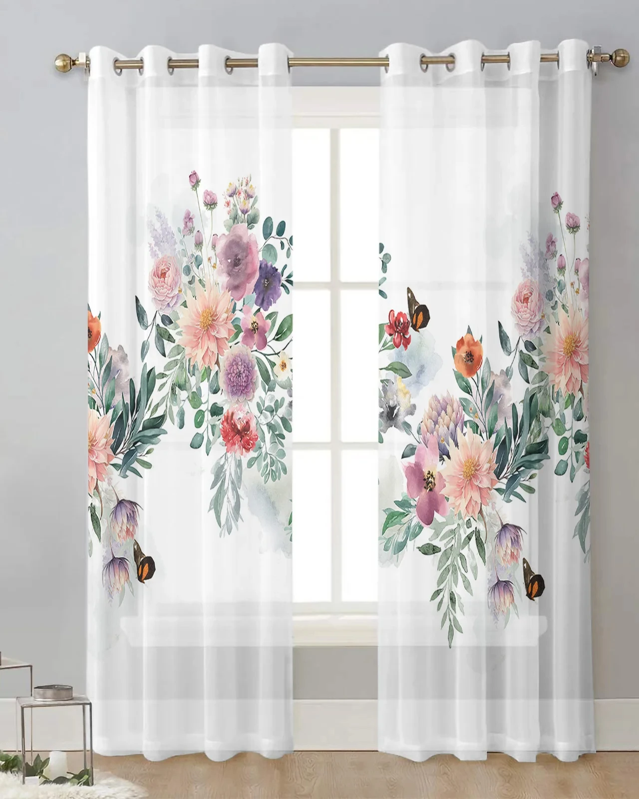 

Watercolor Leaves Plants Flowers Butterflies Sheer Curtains Living Room Window Transparent Voile Tulle Curtain Drapes Home Decor