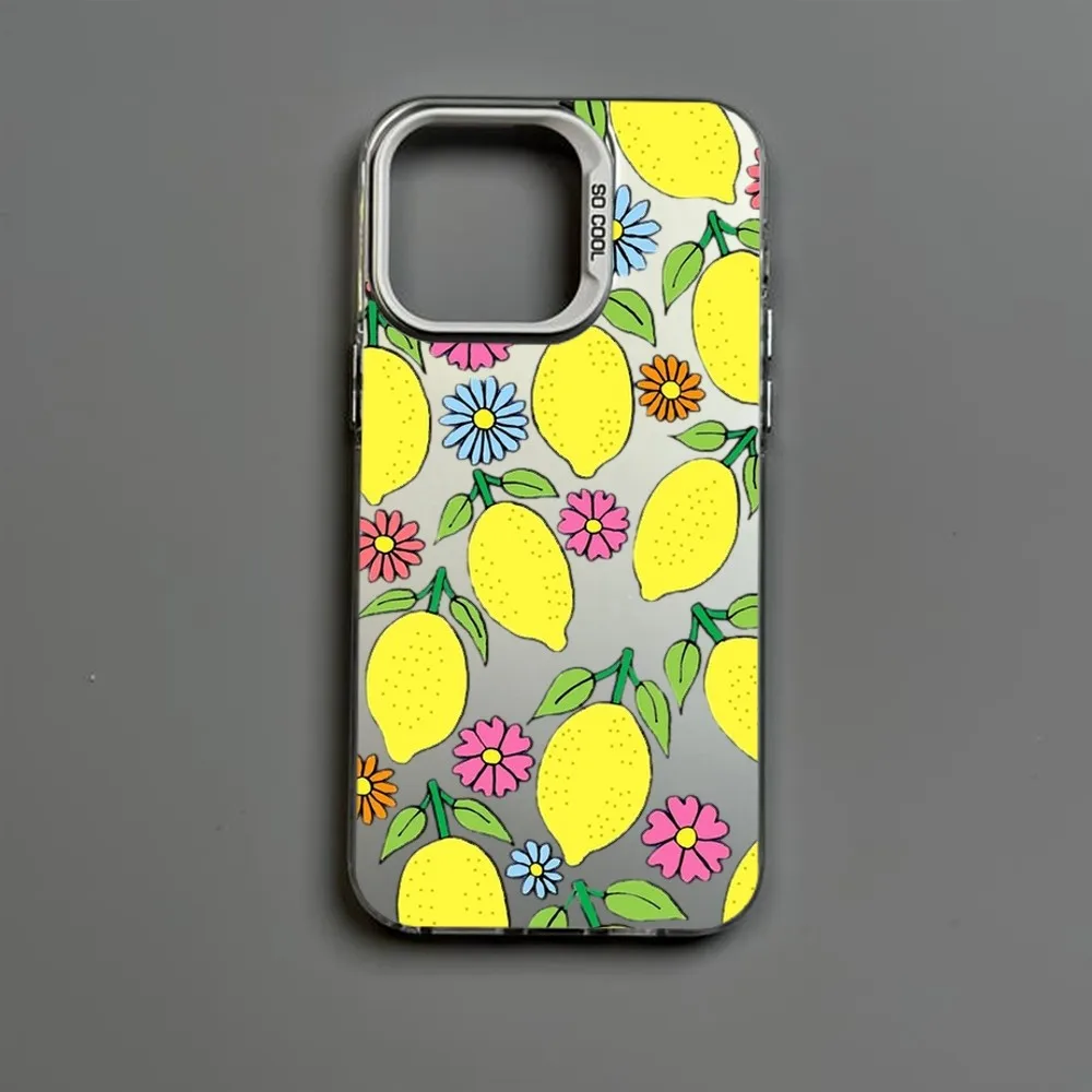 Summer Green Leaves Fruit Lemon Peach Pomegranate Grapes Phone Case IMD Color Silver Shell For IPhone 16 15 14 13 12 11 X XR Pro