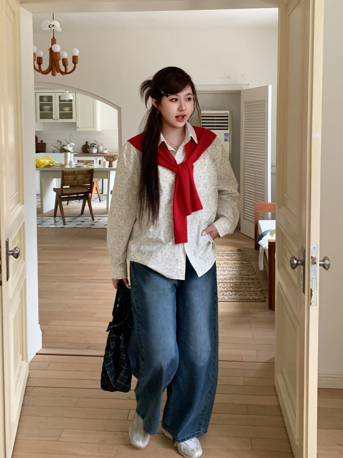 

YUZI College Sle Printed Dog irt Jaet Casual Vintage Collar Women's plus Size Cotton Spring Season Long Sve Top