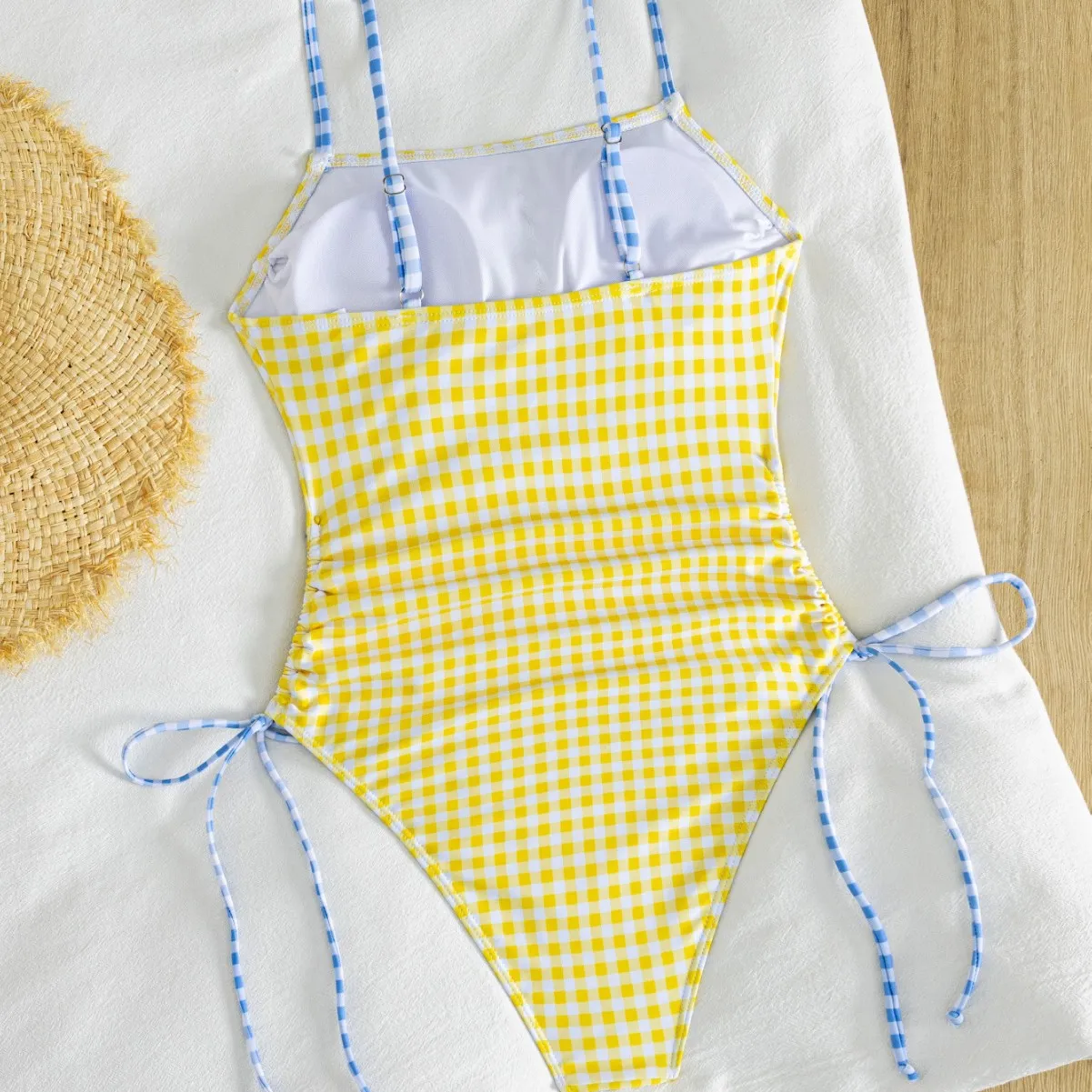 Women One Piece Suits Gingham Swimsuit Plaid Spaghetti Straps Side Tie Drawstring Ruched High Cut Sportswear Bathing Suit Bikini