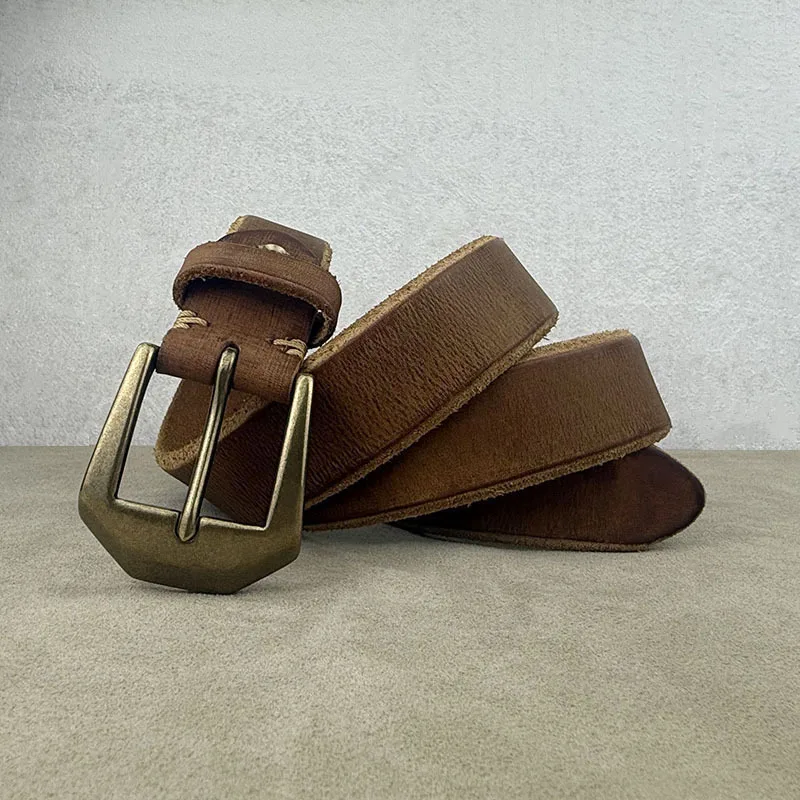 

Усиленный очень толстый мужской ремень из воловьей кожи с верхним слоем и медной пряжкой, винтажная стираная повседневная универсальная талия