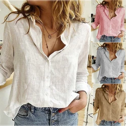 Women Casual Long Sleeve Cotton Linen Loose Shirt Elegant Solid Harajuku Lapel Blouse Vintage Oversize Tops Streetwear Tunic