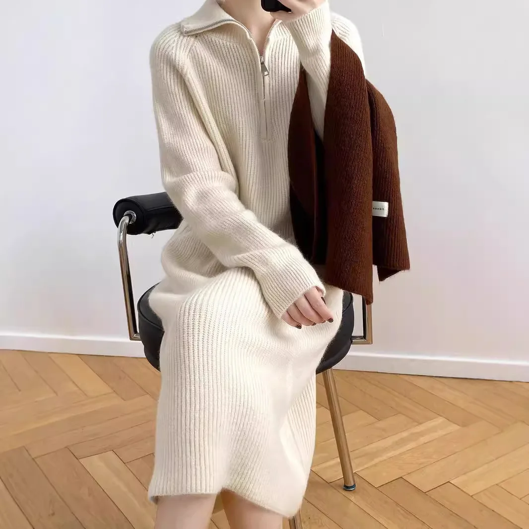 Autumn Winter Women's Zipper Lapel Knitted Long Dress High Necked Woolen Straight Long Sleeved Bottom Dresses For Women