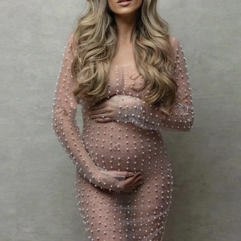 Maternity Photography Dress Sexy Pearl Lace Tulle Dress Women Pregnancy Robe Photo Shoot Props Bikini Cover-up Female Beachwear