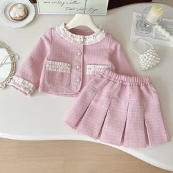 Girls Little Fragrant Skirt Set 2024 Autumn New Girl Pink Cute Skirt Two-piece Set  Kids Clothes Girls 2-8y