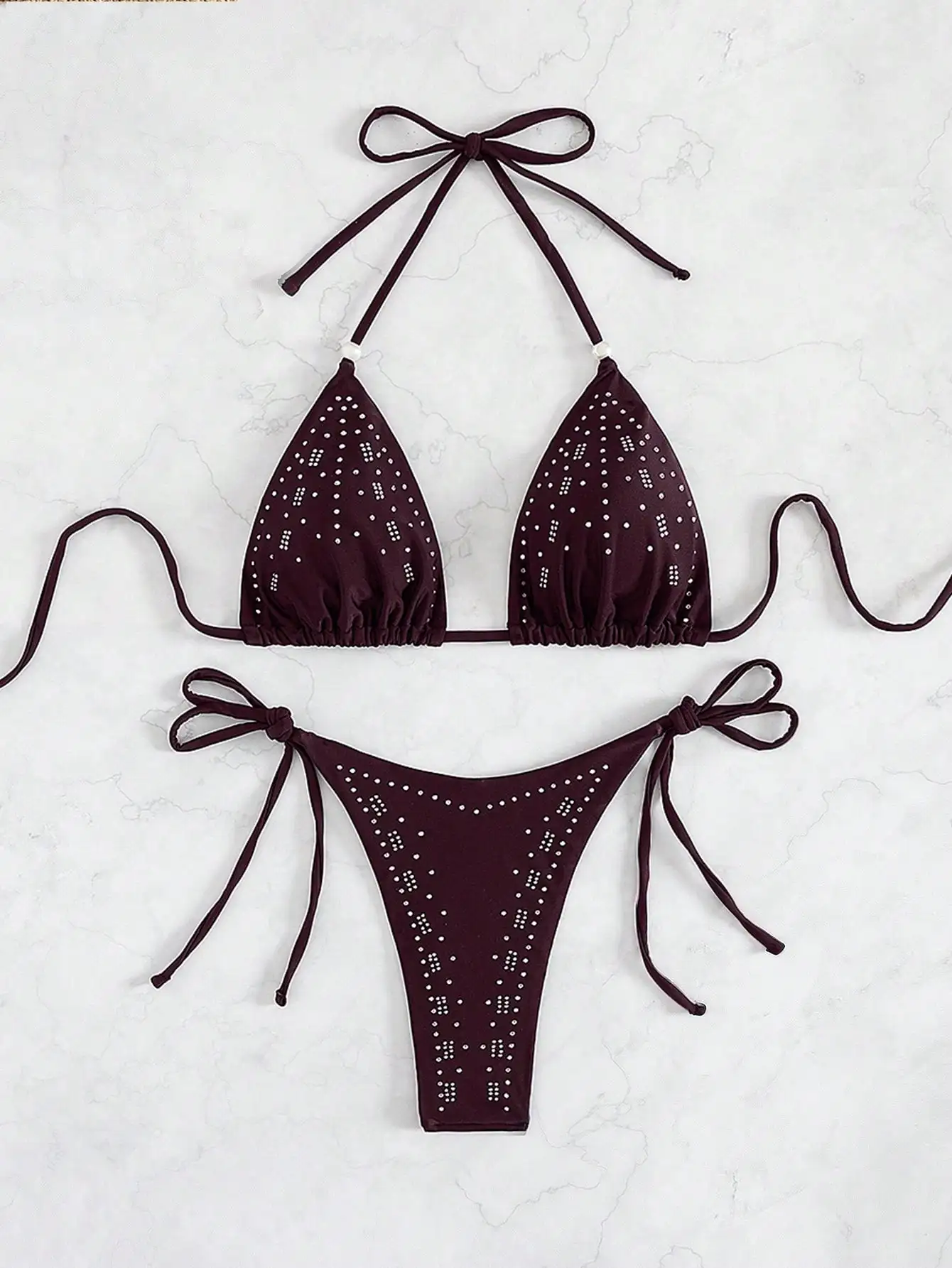 

Women Two Piece Bikini Set With Rhinestone Dot Pattern Halter Triangle Swimwear