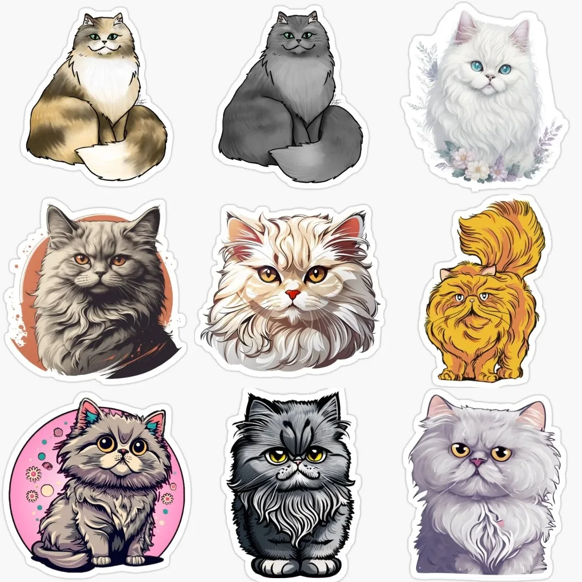

Cute Persian Cat Pets Catoon Personalized PVC Sticker for Decorate Fridge Room Wall Door Window Car Helmet Decal Accessories